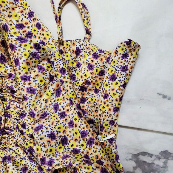 Zara Satin Effect Purple Floral Ruched Mini Slip Dress - Picture 4 of 6